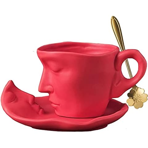 Face Mug and Saucer Ceramic Kissing Cups & Spoons Set for Couples Unique Cappuccino Expresso Coffee Teacup Sweet Gift for Anniversary Weddings Birthday Valentine's Day (Color : Red) Cover