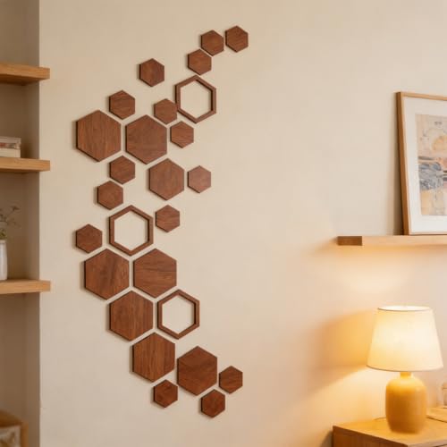 Decoración de pared hexagonal de madera Qury con pegatinas 3D de panal 7