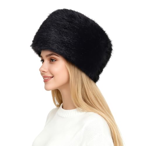 Fumwase Women's Winter Faux Fur Hat with Elastic Earwarmer Earmuff Warm Cap Fluffy Bucket Hat Furry (US, Alpha, One Size, Black)