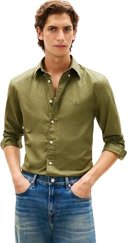 Tommy Hilfiger Herren Hemd Flex Poplin Solid Regular Fit, Grün (Dark Artichoke), XS – Ansicht 1