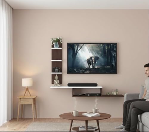 Image of Bros Moon Wall Mounted TV Cabinet, L-Shape, Choco White, MDF, Modern Style, Laminated Finish, for Living Room, Suits TV up to 55 Inches (Mocha White, Dual L 36 Inches Base)