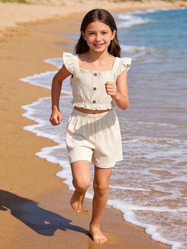 Image of Girl's Summer Clothing Sets Knit Ruffle Striped T-Shirt and Shorts 2 Piece Outfits