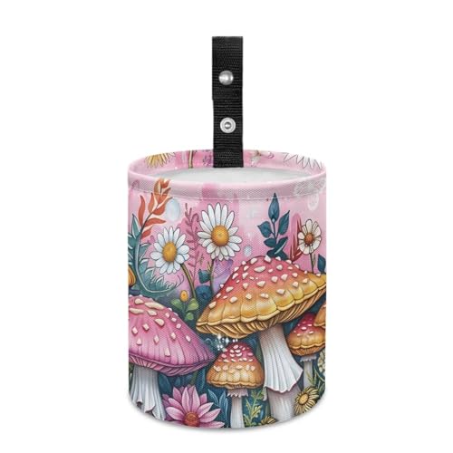 Image of Pink Mushroom Floral Car Garbage Can Small Trash Can with Leak Proof Inside Liner And Hanging Strap Auto Organizer Portable Auto Essentials