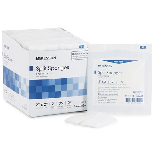 McKesson High Absorbency Split Gauze Sponges 2x2 Inch (70 Sponges, 35 Packs of 2) - 6-Ply Sterile Tracheostomy & Tube Dressings – Pre-Cut Slit for Drainage & Catheters – 2 per Pack