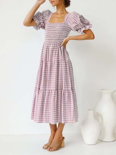 Image of ZESICA Women's 2026 Boho Summer Dresses Gingham Puff Sleeve Square Neck Flowy Beach Midi Dress