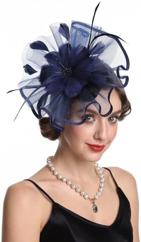 Fascinator Hat Feather Mesh Net Veil Party Hat Ascot Hats Flower Derby Hat with Clip and Hairband for Women