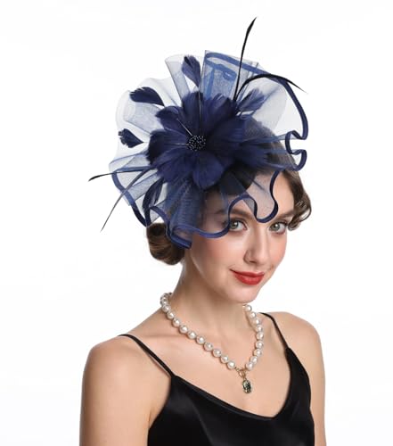SAFERIN Fascinator Feather Mesh Net Veil Party Hat Flower Kentucky Derby Hat with Clip and Hairband for Women (TA1-Large Size Navy Feather Mesh)