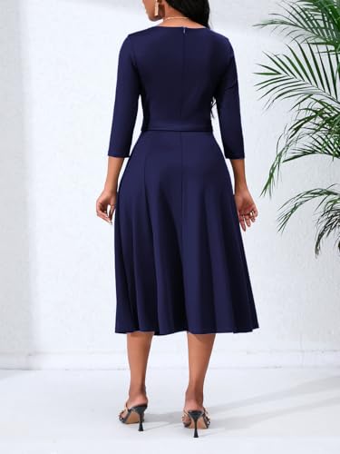 Image of PerZeal Women's Caual Midi Dress 3 /4 Sleeve Crewneck A-line Swing Dress for Women with Belt for Wedding Guest & Cocktail Party Navy Medium
