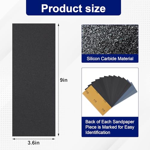 روميدا 72 قطعة من ورق الصنفرة، ورق الصنفرة، مجموعة متنوعة من ورق الرمل، ورق صنفرة مبلل، 9×3.6 انش، ورق صنفرة رطب وجاف 120/150/180/240/320/400/600/800/1000/1500/2500/3000 حبيبة