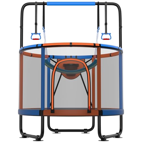 Trampoline for Kids 600LBS 4.5FT 5FT 5.5FT Toddler Indoor Outdoor with Safety Net, Swing, Adjustable Bar, 54'' 66'' Mini Small Trampoline with Basketball Hoop