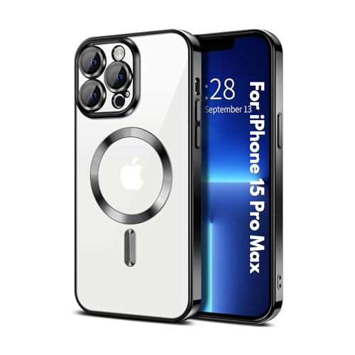 Image of TPU Designed for iPhone 15 Pro Max Luxury Electroplating Case [Magnetic MagSafe] [Integrated Lens Protection] Back Cover Case for iPhone 15 Pro Max (Black)