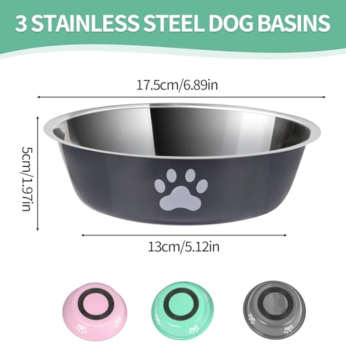 Hundenapf Edelstahl, 3 Stück Hund Napf Futternapf Wassernapf Hundeschüssel Fressnapf Set mit Rutschfestem Gummi für Kleine Hunde Katzen (860ml)