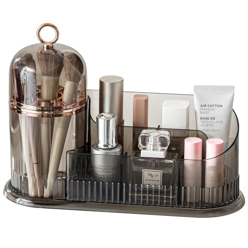 CANITORON Makeup Organizer for Vanity and Bathroom Storage, Skincare Organizer with Makeup Brush Holder, Partitioned Storage Cosmetic Display Case, Gray