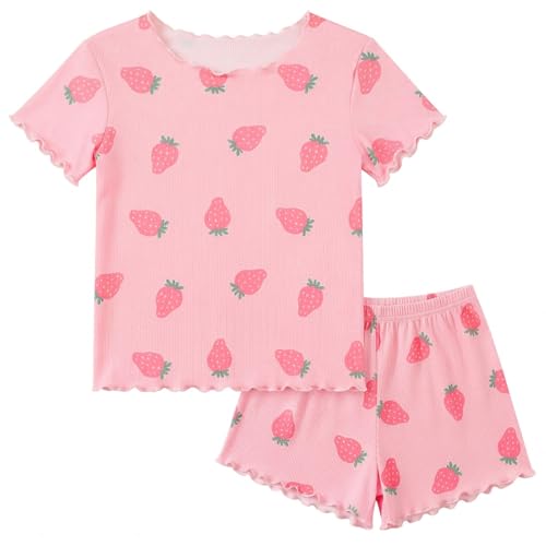 Beinou Girls Pajamas Sets Ribbed Ruffle Short Sleeve Sleepwear Toddler Summer Pjs 2 Pcs Kids Loungewear Outfit 2-9Y Pink with Strawberry 4-5T