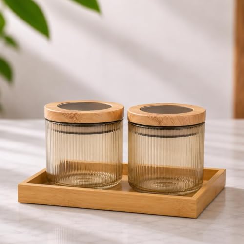 Image of Borosilicate Golden Ribbed Glass Storage Jar Set with Bamboo Tray, Set of 2 (500ml), Airtight Round Glass Containers with Bamboo Lids & Silicone Seal, Dry Fruit Storage Jars for Spices