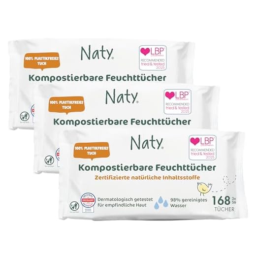 Naty Baby Feuchttücher | 100% pflanzenbasiert & unparfümiert für empfindliche Haut | Plastikfreie & zertifiziert kompostierbare Tücher mit 98% gereinigtem Wasser | 168 Tücher (3 Packungen)