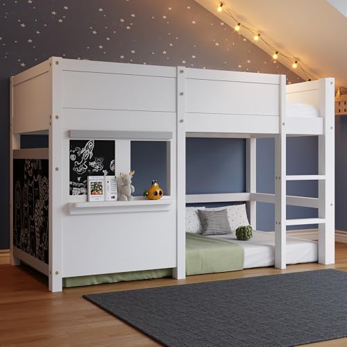 RIAZOS Kinderbett 90x200 cm, Hochbett mit Leiter, Etagenbett mit Wandtafel & Kleiner Ablage, Spielbett, Hausbett, Stockbett, Holzbett, Bettgestell,...