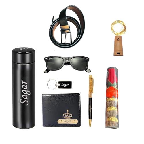 Image of Customize Name Printed Water Bottles, Sunglass, Personalised Mens Wallet, Personalised Belt, Keyring, Pen & Rose Flower Combo Set
