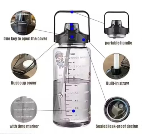 Image of EKAN 3 in 1 Motivational Water Bottles Set 2000 ml, 900 ml, 300 ml Large Capacity Sipper Bottles for School, Office, Home and Gym Use Leak-proof BPA-Free Water Bottles (Black)
