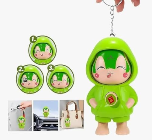 Image of Priyana Face Changing Cartoon Keychain with 3 Expressions, 3D Cute Character Action Figure Key Holder with Metal Ring & Clip for Bags, Backpacks, Car Keys, Kids & Adults, Green