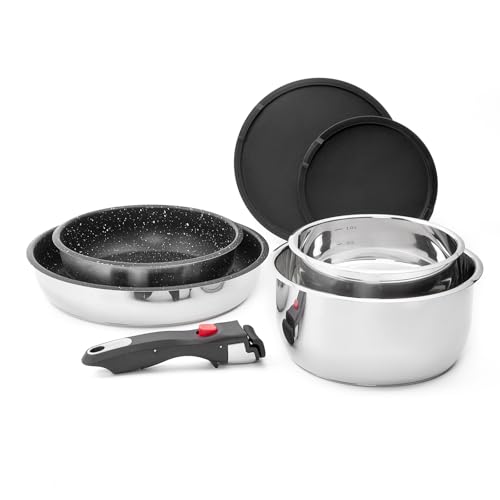 ROSSETTO Topfset Pfannenset Induktion 7-teilige Edelstahl Kochtopf Set mit Abnehmbarer Griff Stapelbar, PFAS-Frei Antihaftbeschichtet Pfanne 20/26cm, Kasserolle 16/20cm, für alle Herdarten, Ofenfest
