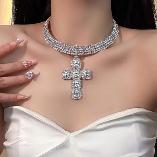 Cross Rhinestones Choker Necklaces for Women Sparkly 4 Row Diamond Tennis Necklace Statement Fashion Crystal Crucifix Pendant Chain Luxury Bridal Wedding Party Prom Jewelry4