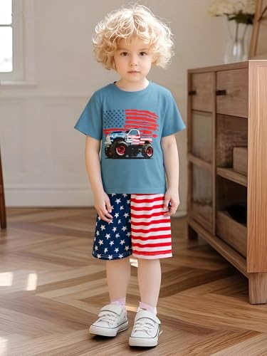 Image of Toddler Boy 4th of July Outfit Short Sleeve T-shirt + American Flag Shorts Independence Day Clothes