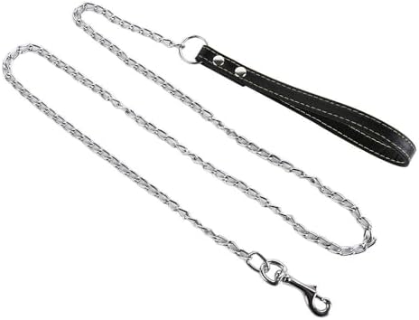 Heavy Duty Metal Chain Dog Leash with Leather Handle, Strong Control Pet Lead for Outdoor Training, Anti Bite Traction Rope for Dogs Up to 10kg(Black)