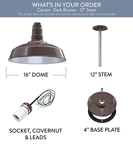 Steel Lighting Co. Carson Barn Light | Ceiling Mounted Pendant | 16 Inch Dome | 12 Inch Stem | Industrial Style Steel Light Made In America | Dark Bronze Exterior/White Interior #TOP5