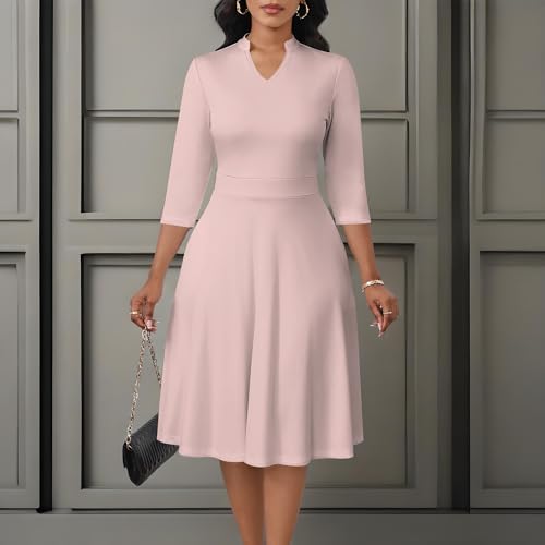 Image of PinkPatty Women's Casual A-line Midi Dresses 3 /4 Sleeve V Neck Fit and Flare Dress with Pockets