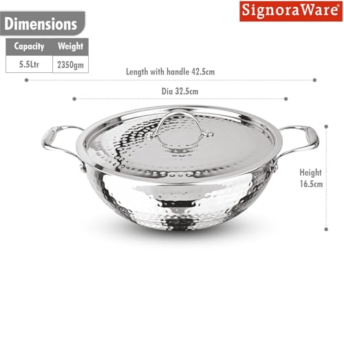 Image of Signoraware Artista Tri Ply Stainless Steel Hammered Shallow Kadhai 30cm with Lid | Gas & Induction Compatible | Stylish Indian Kadhai for Healthy Meal | Ideal for Daily Cooking (5.5 LTR | Steel)