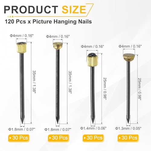 Image of uxcell 120Pcs Picture Hanging Nails, 4 Sizes Iron Decorative Hangers Reusable Hardware Tool for Hanging Pictures Mirrors Baskets, Gold & Black