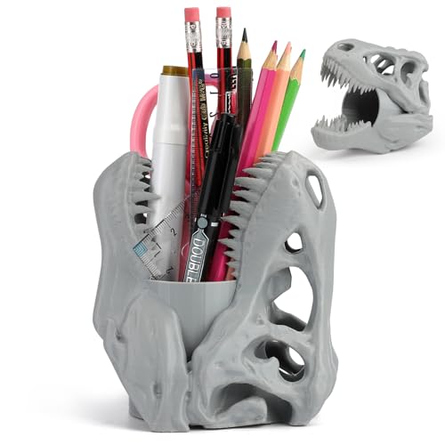 KwatTsz Cool Dinosaur Pen Holder, Dinosaur Skull Figurine Pencil Holder for Office Desk Decor, Funny Easter Gifts for Men and Boys, Grey T-Rex Desktop Organizer