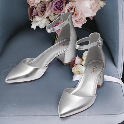 Image of Ankis Closed Toe Heels for Women, 2.25 Inch Low Block Chunky Dress Pumps | Black Nude White Gold Silver Pointed Toe Design, Soft Insole, Adjustable Ankle Strap, Classic Versatile, For Formal Daily