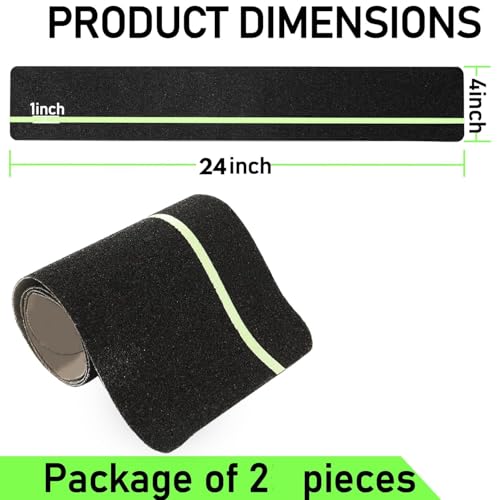 Image of JICOOT Anti Slip Traction Treads with Glow in Dark Stripe (2-PCS), 4 inch X 24 inch, Best Grip Tape Grit Non Slip, Outdoor Non Skid Tape, High Traction Friction Abrasive Adhesive for Stairs Step