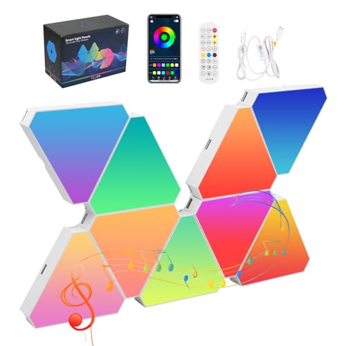 Focenat 9 PCS Panneau LED Triangle Murale Lampe, Music Sync Smart RGB Modulaires Light, Applique murale, Panneau LED RGB Lampe Gaming DIY, Veilleuse Lumière LED Triangle pour Chambre Salon