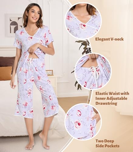 Image of NACHILA Bamboo Viscose Pajamas for Women Lace V Neck Capri Pants Pjs Set