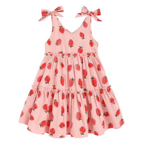 ZOELNIC Toddler Girl Dress Summer Little Girls Strap Sleeveless Beach Sundress Strawberry Kids Cotton Casual Dresses(Strawberry Pink 2-3T)