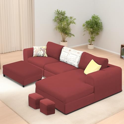Image of Koza RHS 4 Seater L Shape Sofa Set with Center Table for Living Room (Maroon Fabric) Premium Fabric Sofa