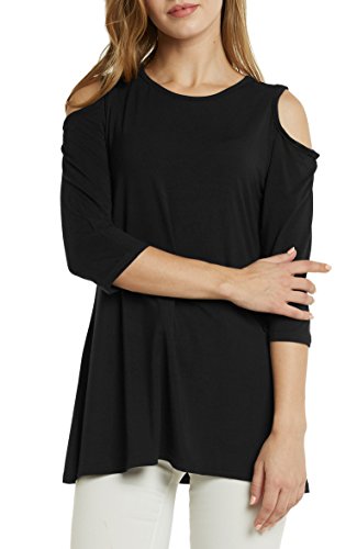 Afibi Womens Cold Shoulder 3/4 Sleeve Swing Tunic Tops For Leggings (X-Large, Black) #TOP3