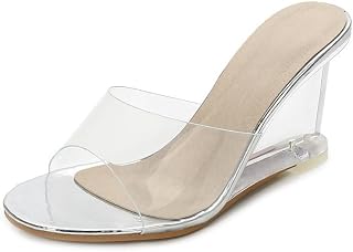 Wedge Clear Heels for Women Transparent Open Toe Slip On Mule Round Toe Chunky Heel Sandals High Heel Dress Sandal