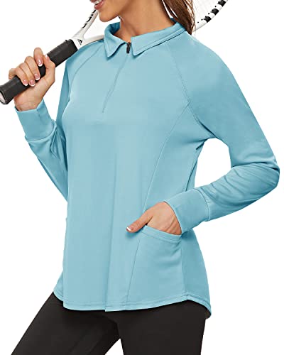 WOWENY Poloshirt Damen Funktionsshirt Damen Langarm Laufshirt Basic Langramshirt T Shirt Sport Oberteile Damen Elegant Atmungsaktive Half Zip Polo Polohemd Blau L Cover