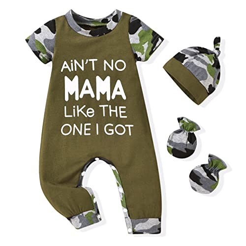 Image of HINTINA Newborn Baby Boy Romper Coming Home Outfits Letter Printed Jumpsuit Hat Glove Outfits
