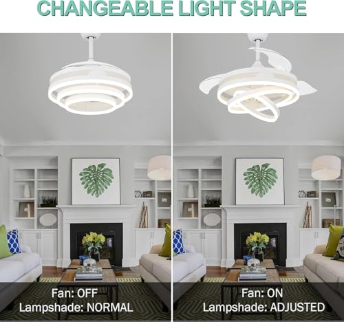 Image of oltao Enigma Modern 42-Inch Dimmable Chandelier Ceiling Fan - White | with Copper BLDC Motor & Retractable Blades | Summer-Winter Mode LED Light Fan with Remote & App Control - for Living Room