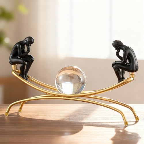 Heakrit Thinker Statue with Crystal Ball, Modern Home Sculptures Black and Gold Living Room Decor， Home Office Bookshelf Desktop Display Decoration