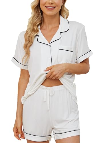 Image of Womens Pajama Sets Short Sleeve Sleepwear Soft Button Down Nightwear Lounge Pj Set,X-Large,White