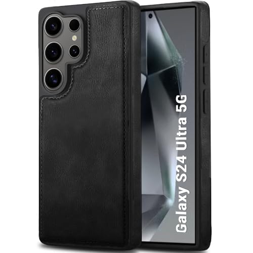 Image of TheGiftKart Genuine Leather Finish Back Cover Case for Samsung Galaxy S24 Ultra 5G | Shockproof Design | Raised Edges for Camera & Screen Protection | Stunning Minimalist Design Back Cover (Black)