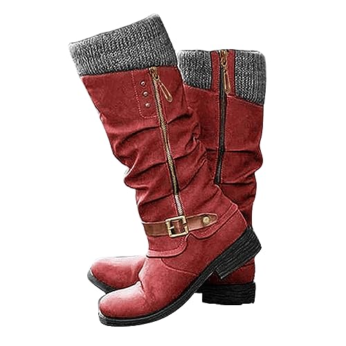Ladmiple Cowgirl Boots Women Brown And Pink Women's Mid Calf Riding Winter Boots Side Zipper Low Heel Motorcycle Combat Military Biker Boots Western Dress Ankle Booties 2024