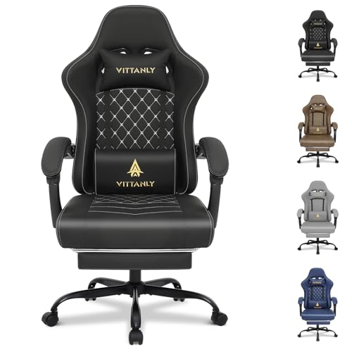 Vittanly Gaming Stuhl mit Frühling Kissen, Ergonomischer Gaming Chair Gamer Stuhl mit Kopfstütze, Lendenkissen und Fußstütze, Höhenverstellbarer Drehbarer Gaming Sessel Bürostuhl 150 kg, Schwarz