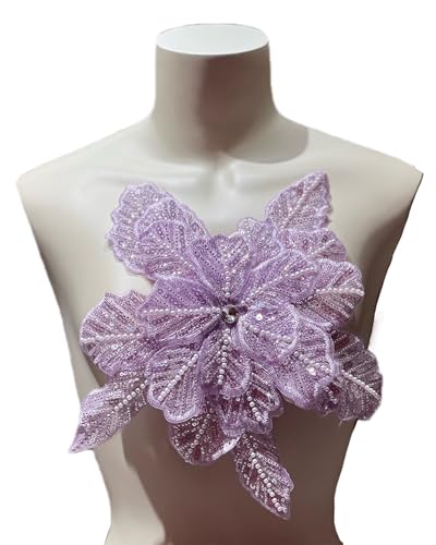 JRYYR 1PCS Flower Beaded Appliques for Dresses(Purple-02)